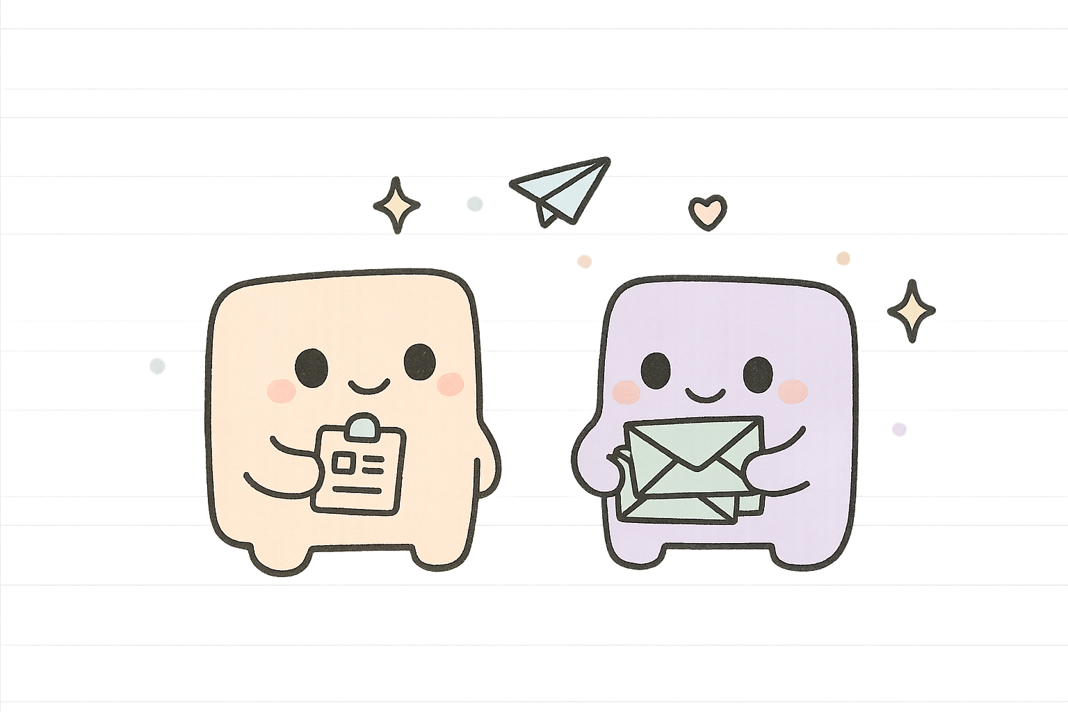 Two friendly mascots collecting forms and sending letters